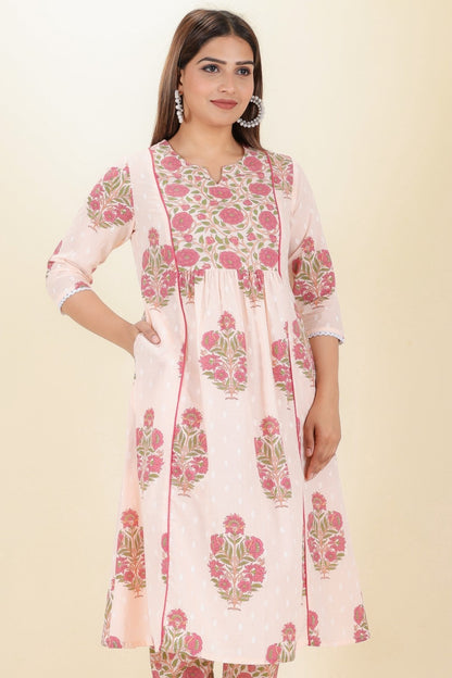 Women's Cotton Pink Panelled Kurta Set