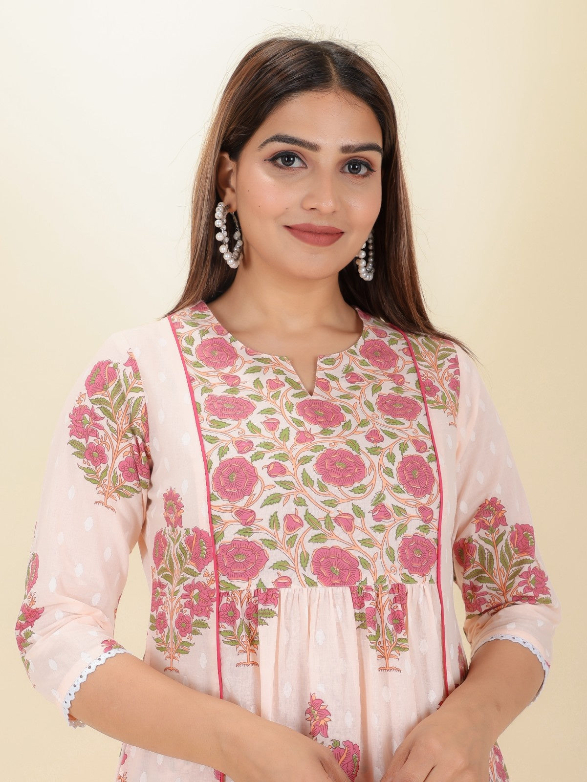 Women's Cotton Pink Panelled Kurta