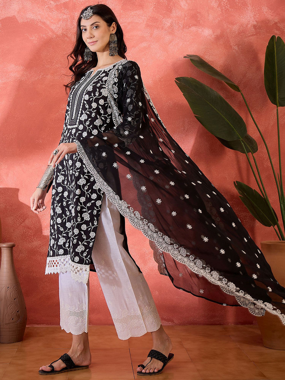 Women Floral Embroidered Cotton Kurta with Palazzo & Dupatta