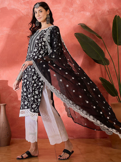 Women Floral Embroidered Cotton Kurta with Palazzo & Dupatta
