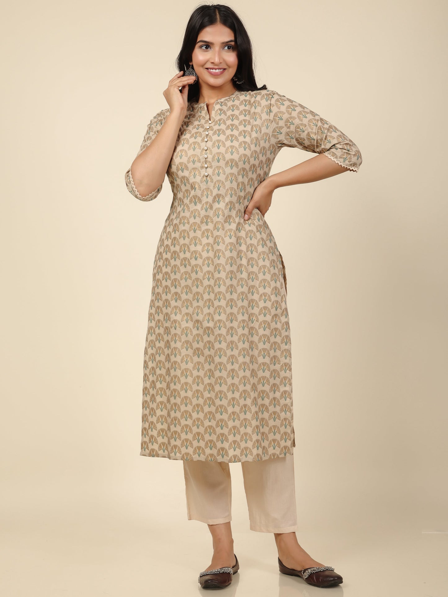 Women's Cotton Off White Straight Kurta Set