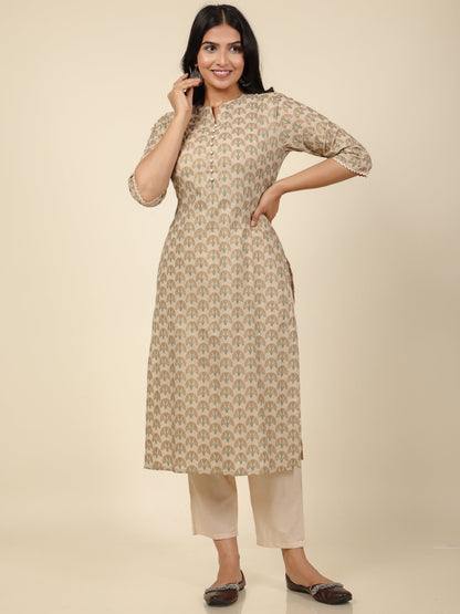 Women's Cotton Off White Straight Kurta Set