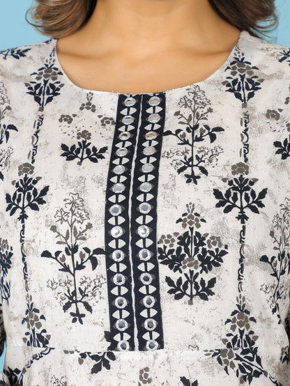 Women's Cotton White Anarkali Kurta Set