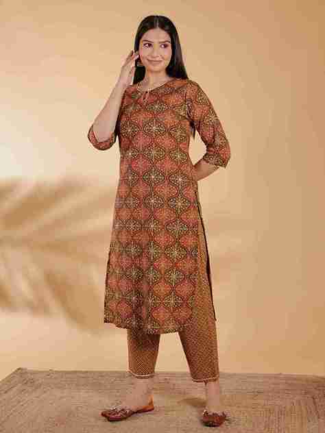 Women's Cotton Brown Straight Kurta Set