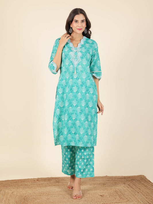 Women's Cotton Green Straight Kurta Set