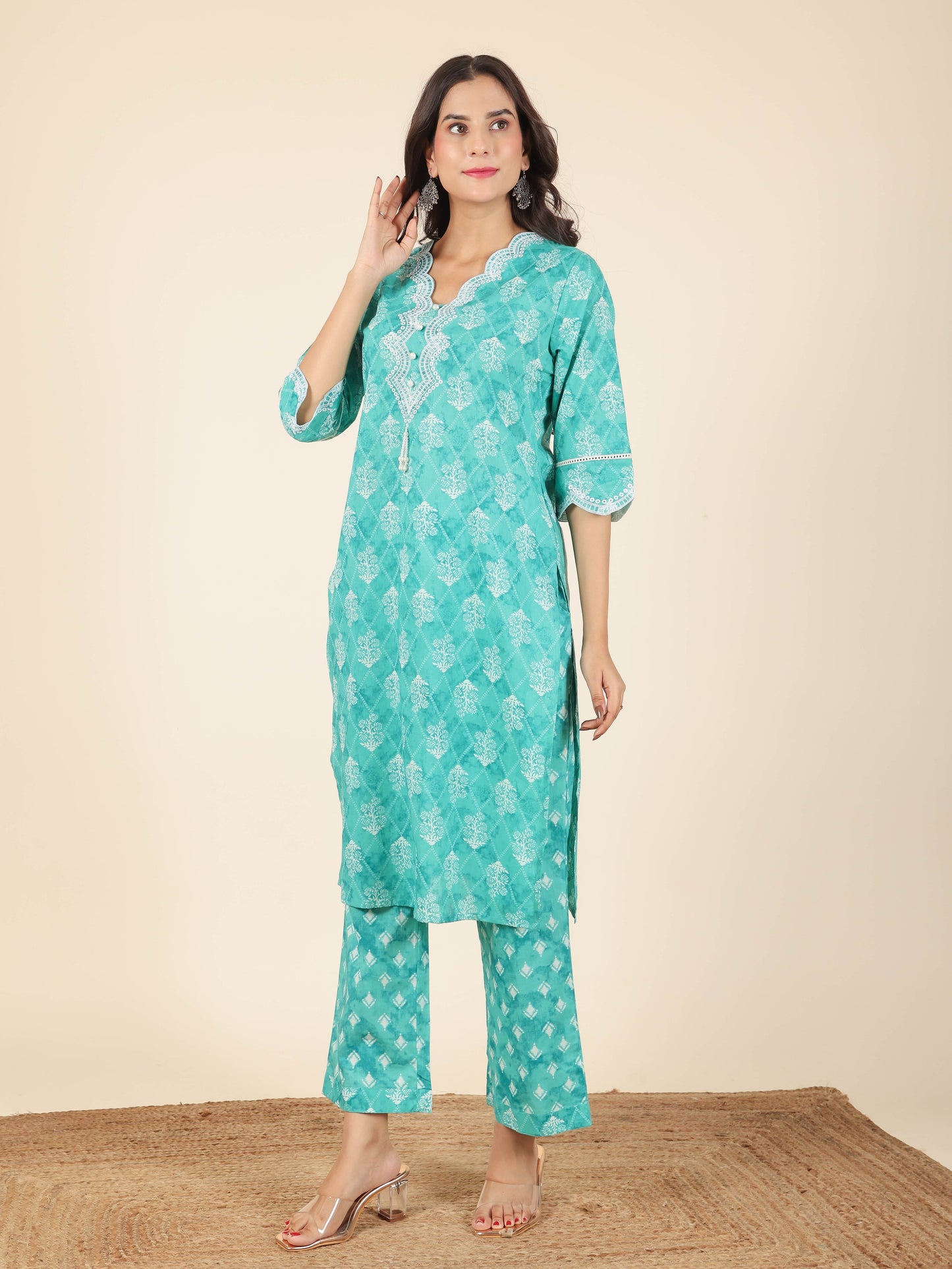 Women's Cotton Multicolor Straight Kurta Set