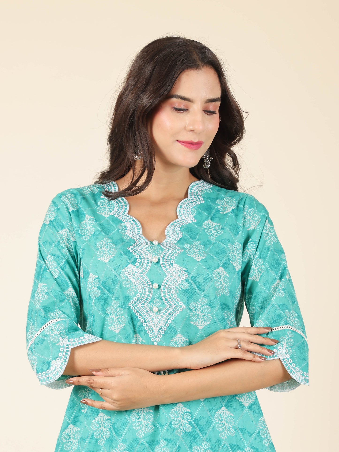 Women's Cotton Green Straight Kurta Set