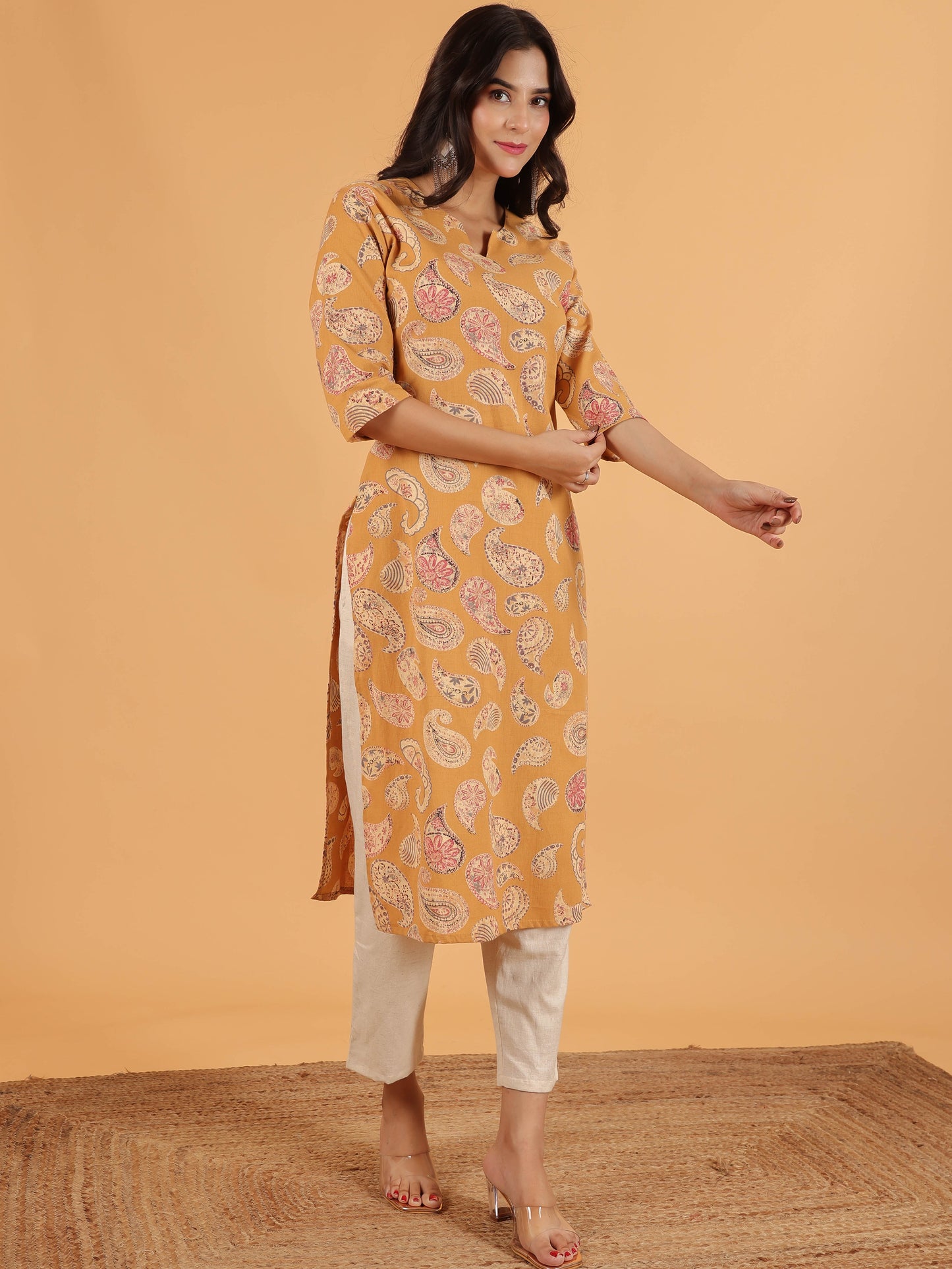 Women's Linen Yellow Straight Kurta Set