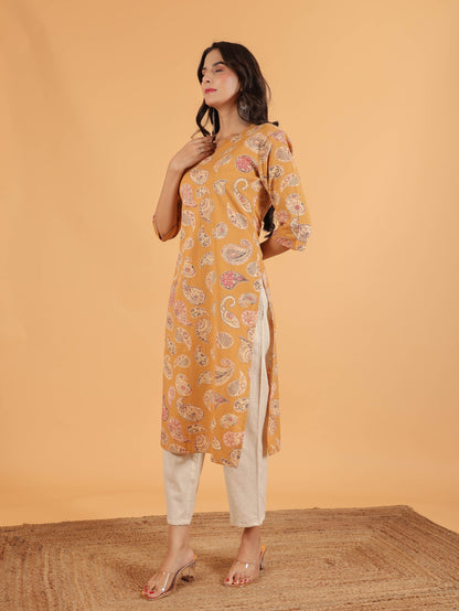Women's Linen Yellow Straight Kurta Set
