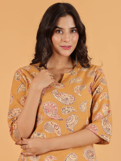 Women's Linen Yellow Straight Kurta Set