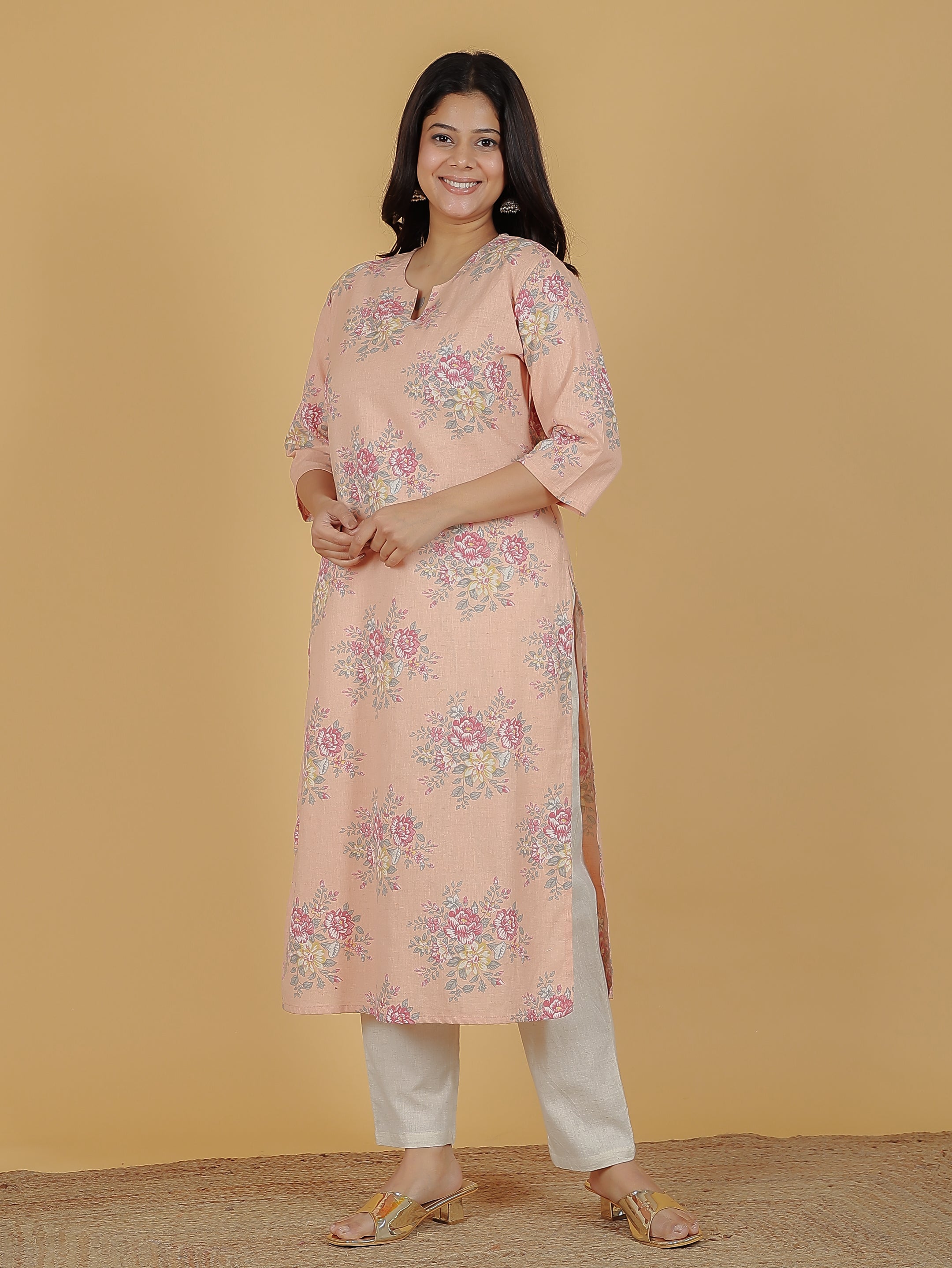 Women's Linen Orange Straight Kurta