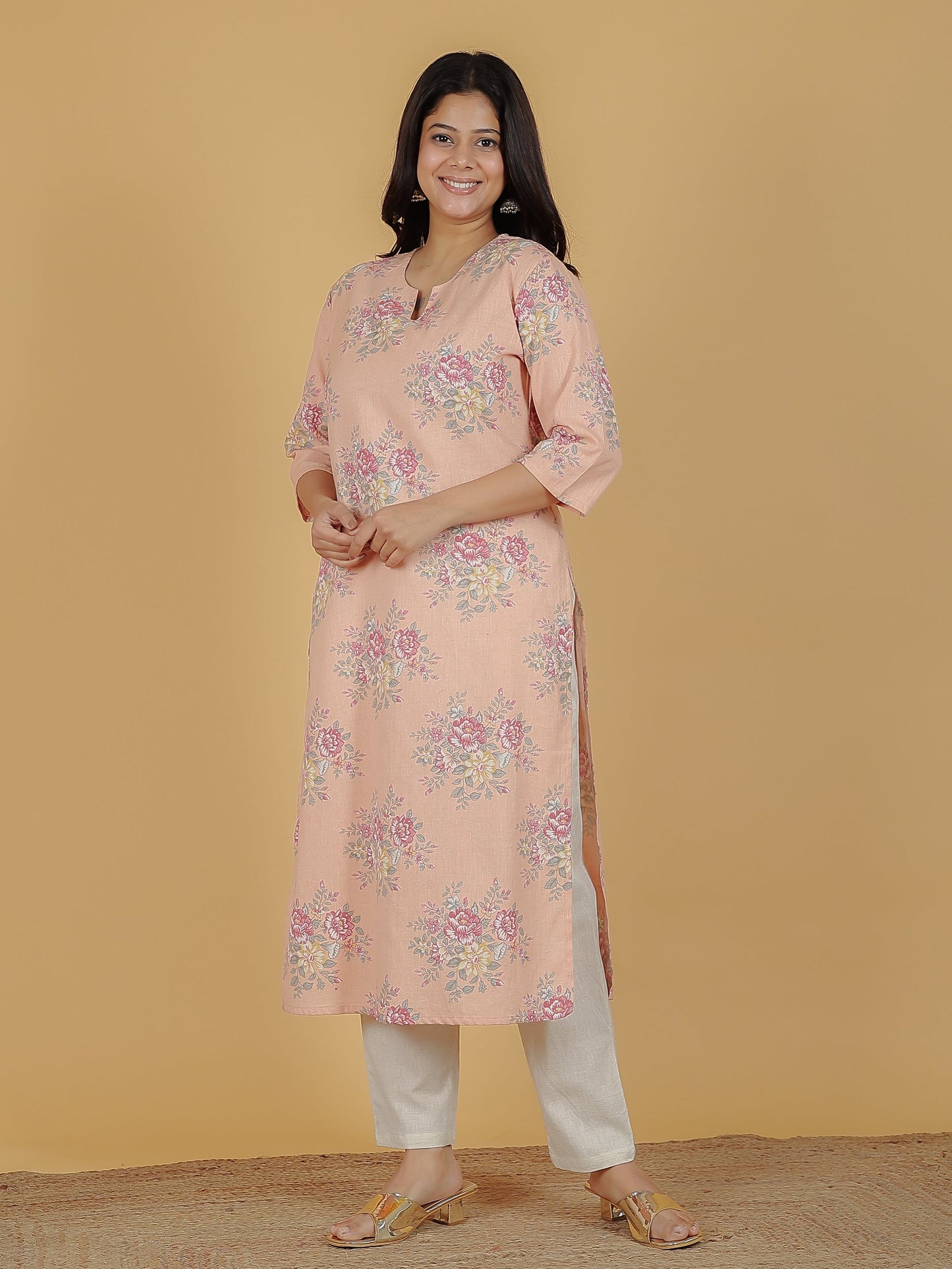 Women's Linen Orange Straight Kurta Set