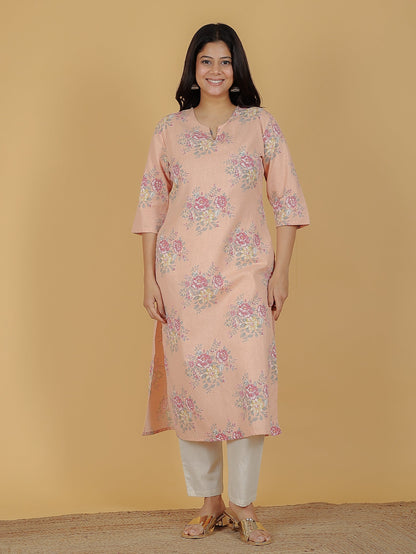 Women's Linen Orange Straight Kurta Set