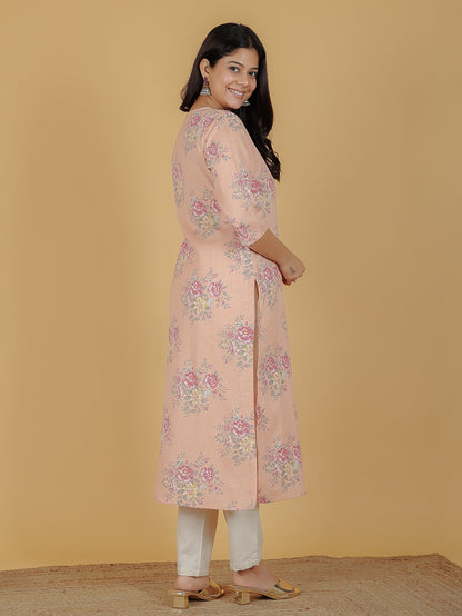 Women's Linen Orange Straight Kurta Set