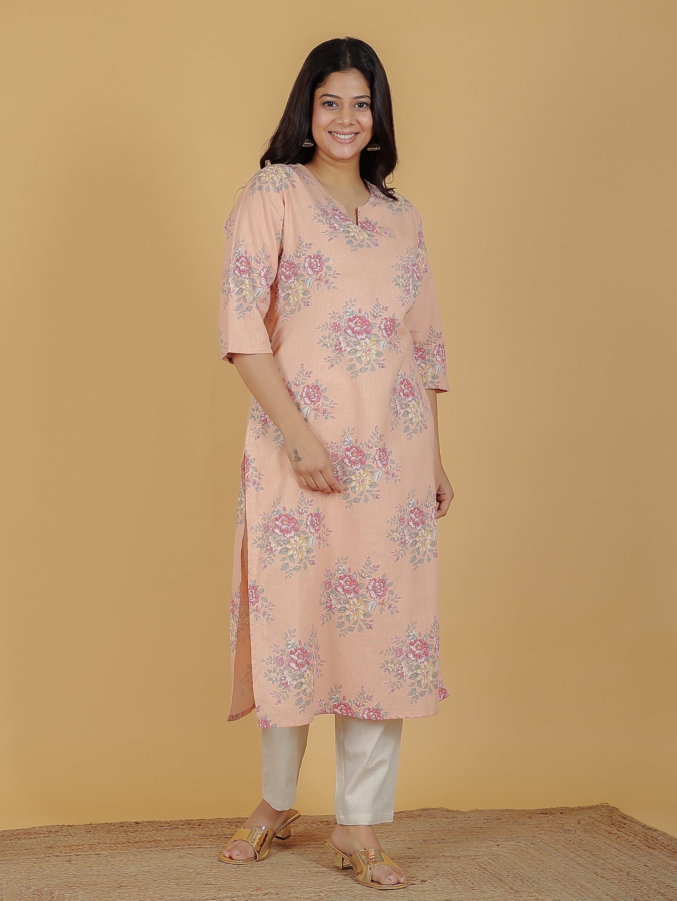 Women's Linen Orange Straight Kurta Set