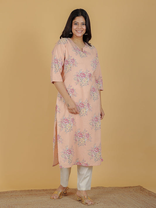 Women's Linen Orange Straight Kurta Set