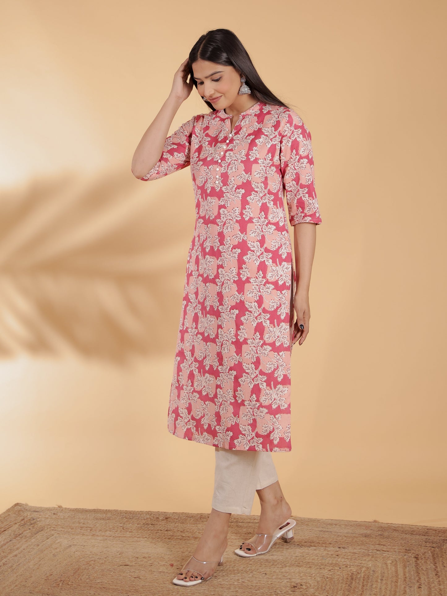 Women's Linen Pink Straight Kurta