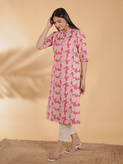 Women's Linen Pink Straight Kurta