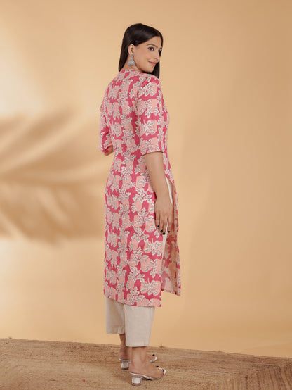 Women's Linen Pink Straight Kurta