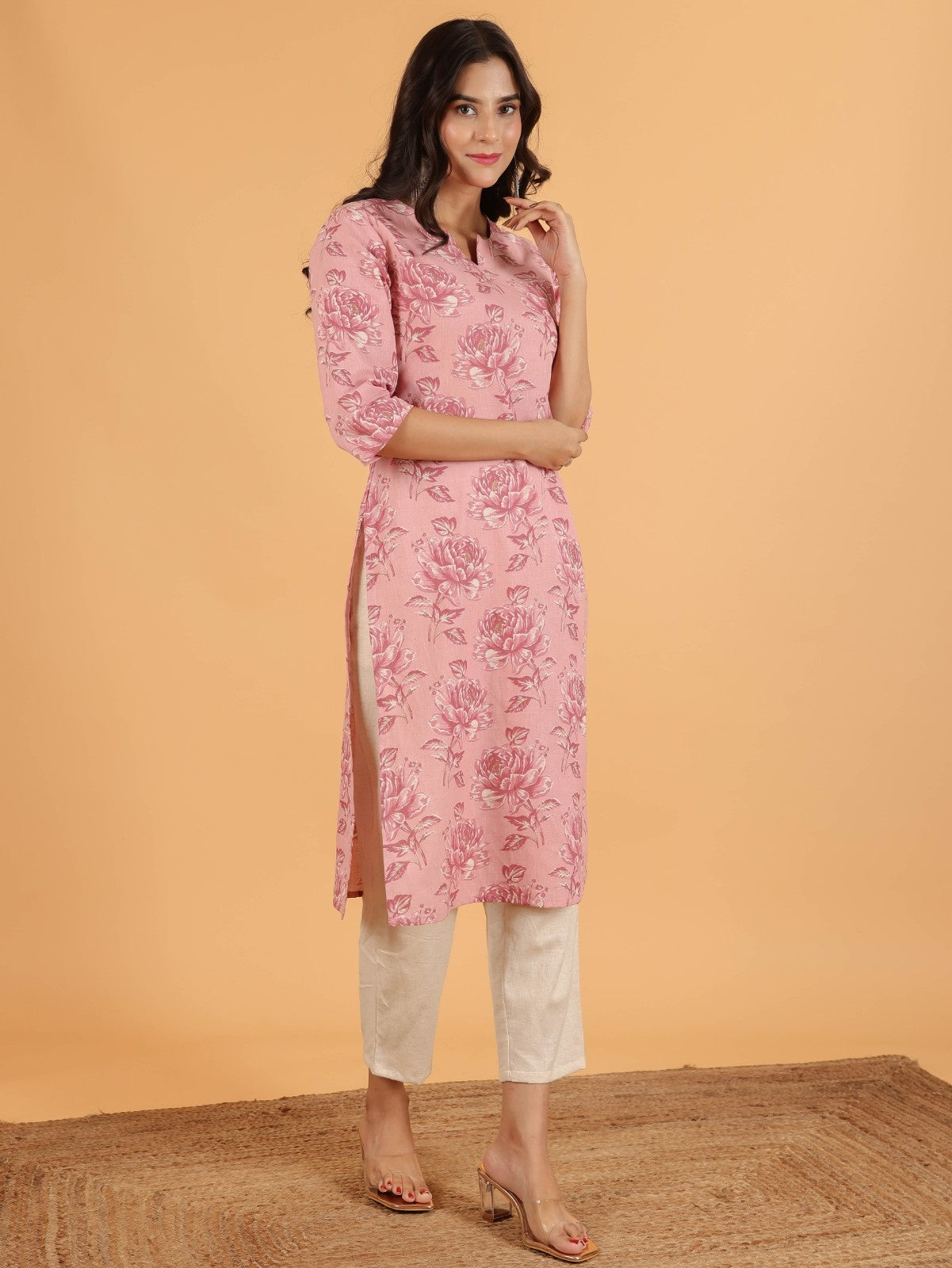 Women's Linen Pink Straight Kurta Set