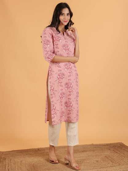 Women's Linen Pink Straight Kurta Set