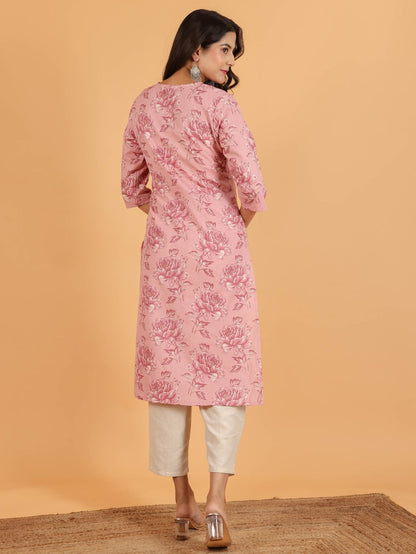 Women's Linen Pink Straight Kurta Set