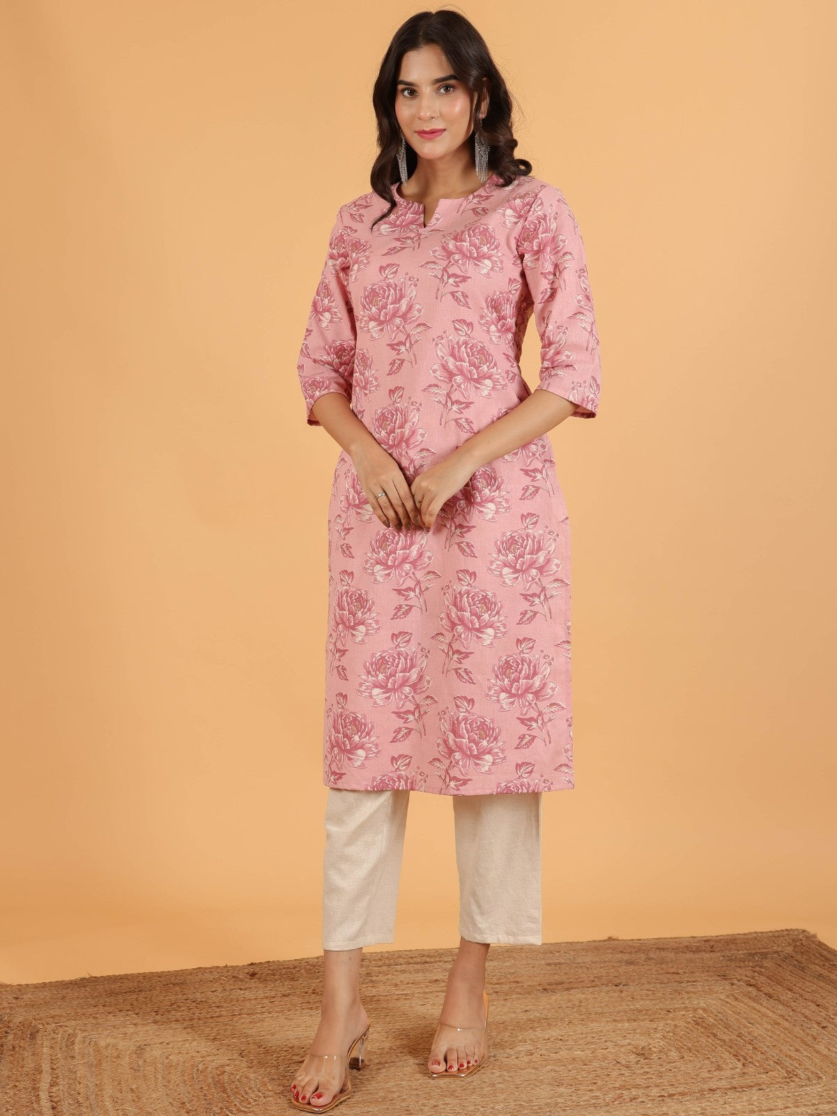 Women's Linen Pink Straight Kurta Set