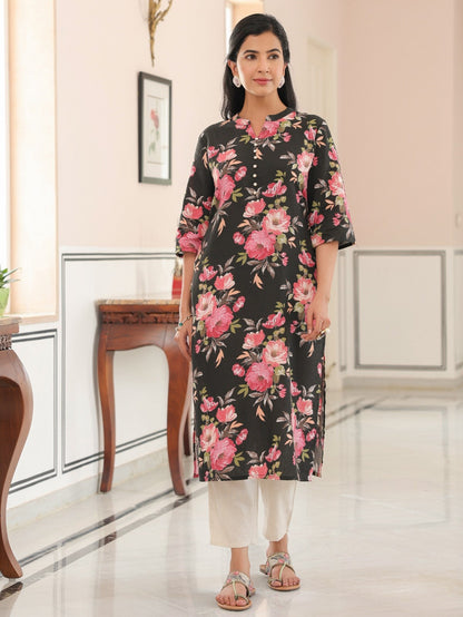 Women's Linen Black Straight Kurta