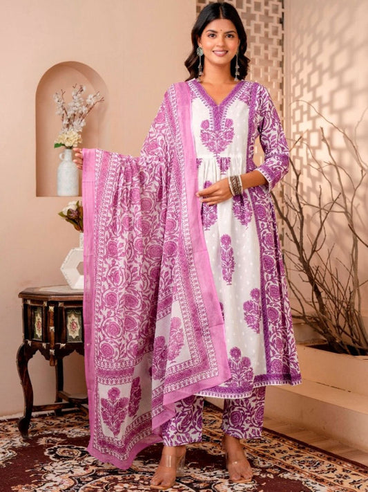 Dhiyona KL Women Floral Printed Pleated Pure Cotton Kurta with Trousers & With Dupatta