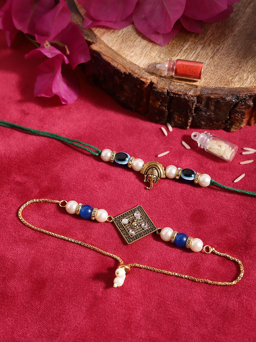 Dhiyona Unisex Set of 2 Beaded Bhai Bhabhi Rakhis With Roli & Chawal