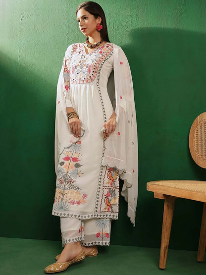 Dhiyona KL Floral Embroidered Mirror Work V-Neck Georgette Kurta With Palazzos And Dupatta