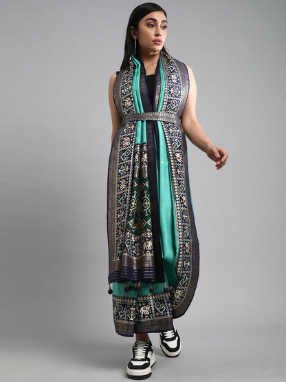 Women's Silk Blend Sea Green Woven Design Designer Saree With Blouse Piece