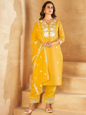 Women's Yellow Embroidered Straight Kurta Trousers With Dupatta set