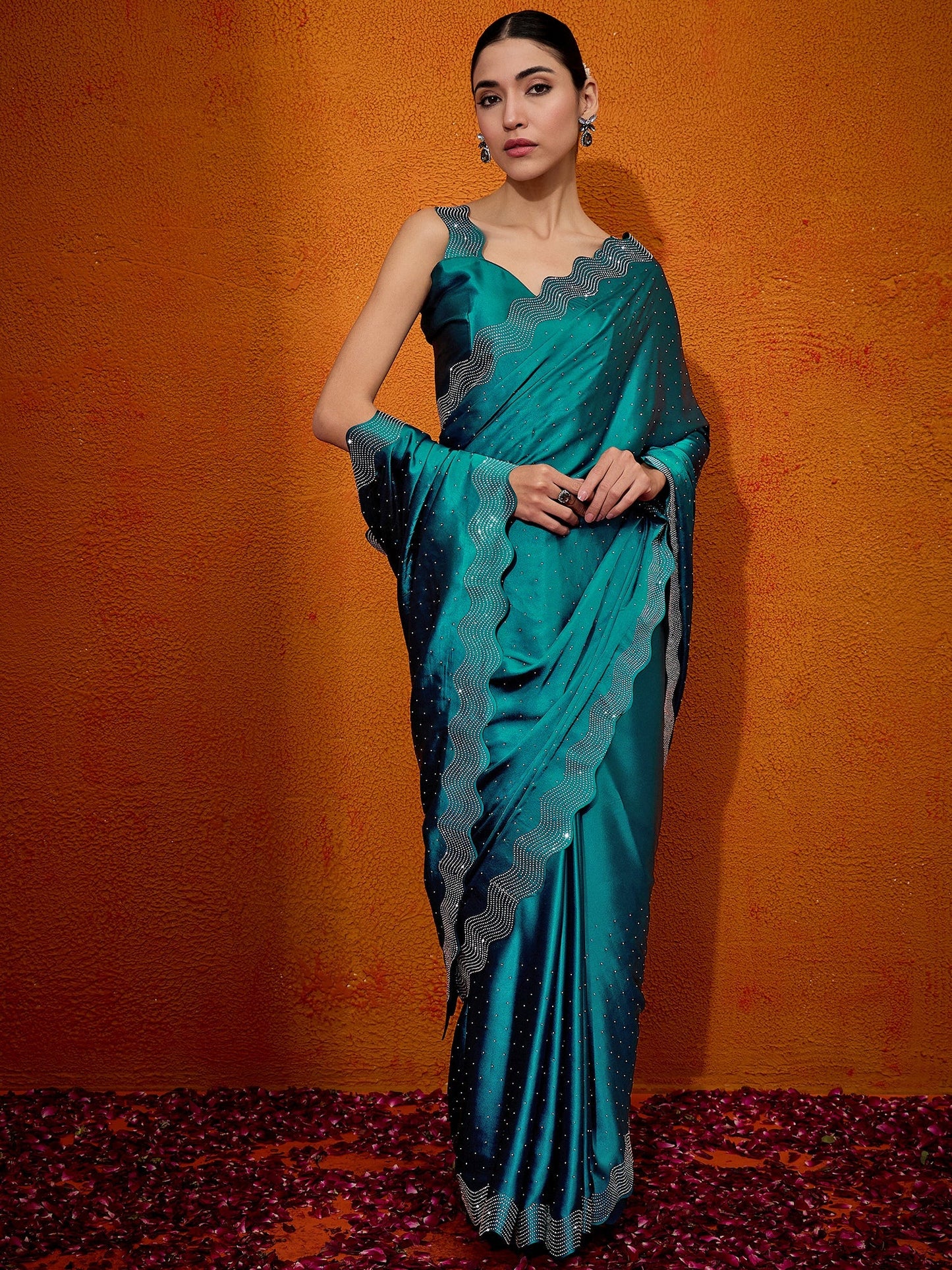 Women's Satin Silk Teal blue Embellished Designer Saree With Blouse Piece