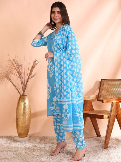 Dhiyona OD  Printed Thread Work Pure Cotton Kurta With Trousers & Dupatta