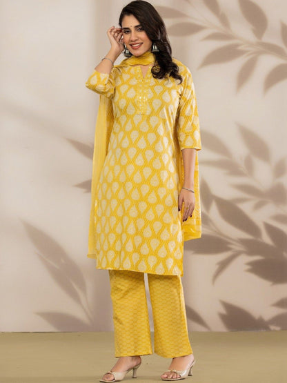 Women Ethnic Motifs Printed Regular Sequinned Pure Cotton Kurta with Trousers & With Dupatta