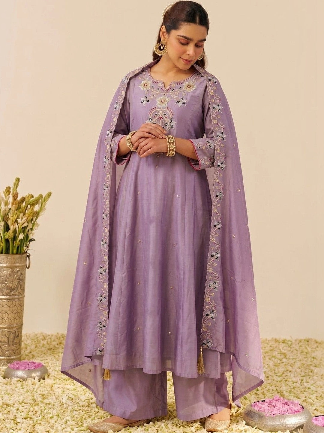 Women Ethnic Motifs Embroidered Regular Thread Work Kurta with Palazzos & With Dupatta