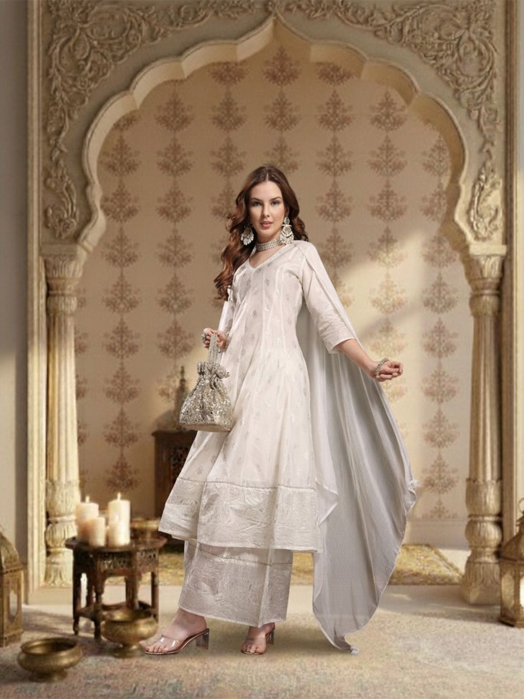 Dhiyona HOP Printed V-Neck Anarkali Kurta & Sharara With Dupatta