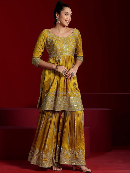Dhiyona LL Floral Embroidered Empire Sequinned Anarkali Kurta with Sharara & Dupatta
