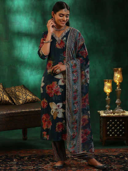 Women's LB Teal Printed Silk Blend Straight Suit With Dupatta