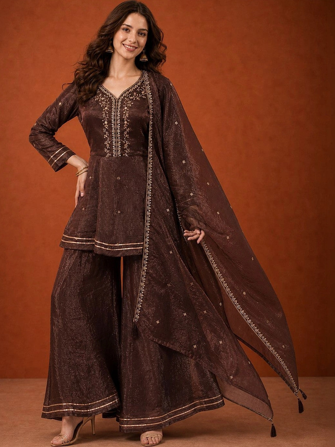 Women Ethnic Motifs Embroidered Empire Thread Work Kurta with Sharara & With Dupatta