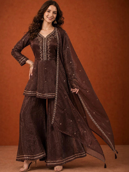 Women Ethnic Motifs Embroidered Empire Thread Work Kurta with Sharara & With Dupatta