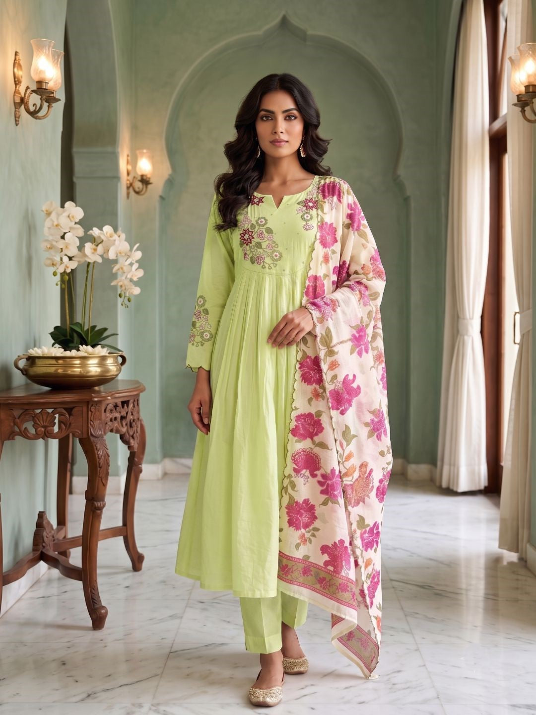 Tushar Mint Embroidery Cotton A Line Suit Set