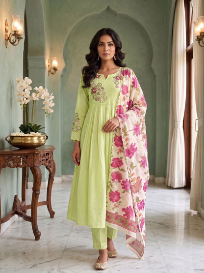 Tushar Mint Embroidery Cotton A Line Suit Set