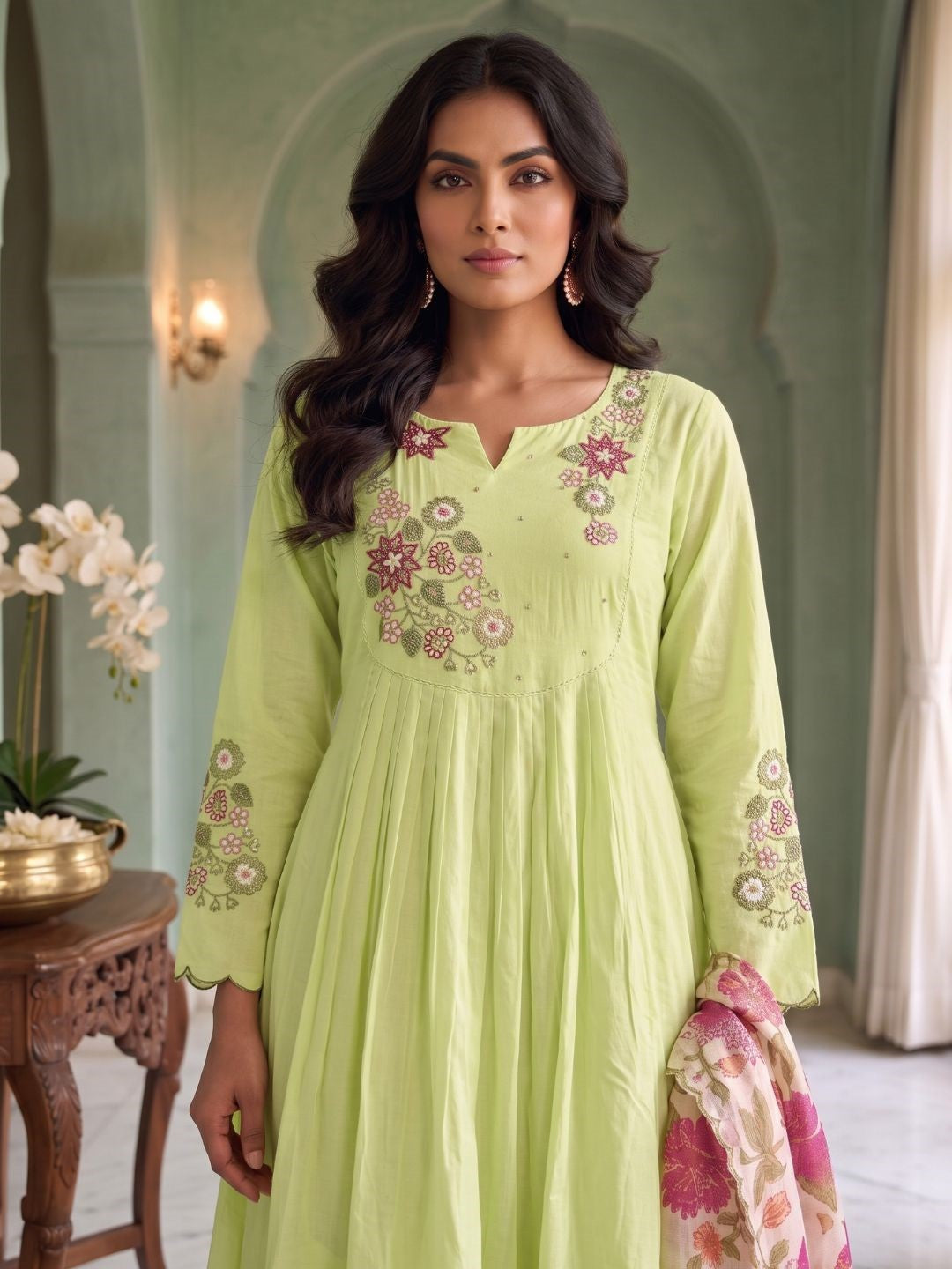 Tushar Mint Embroidery Cotton A Line Suit Set