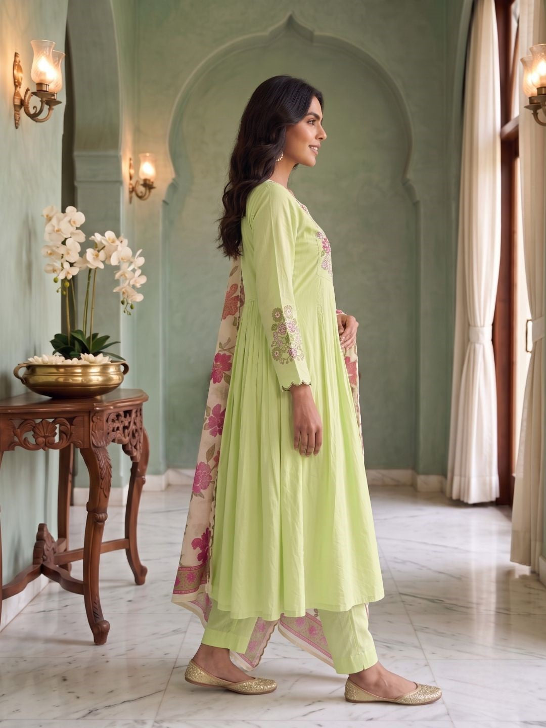 Tushar Mint Embroidery Cotton A Line Suit Set