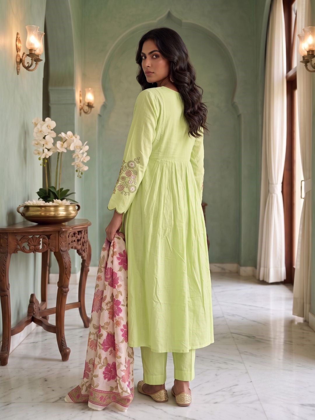 Tushar Mint Embroidery Cotton A Line Suit Set