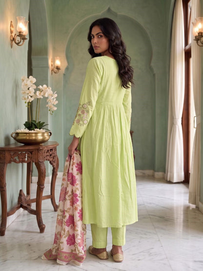 Tushar Mint Embroidery Cotton A Line Suit Set