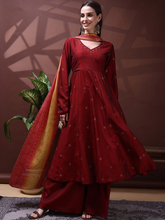 Dhiyona SN Embroidered Sweetheart Neck Kurta & Palazzos With Dupatta