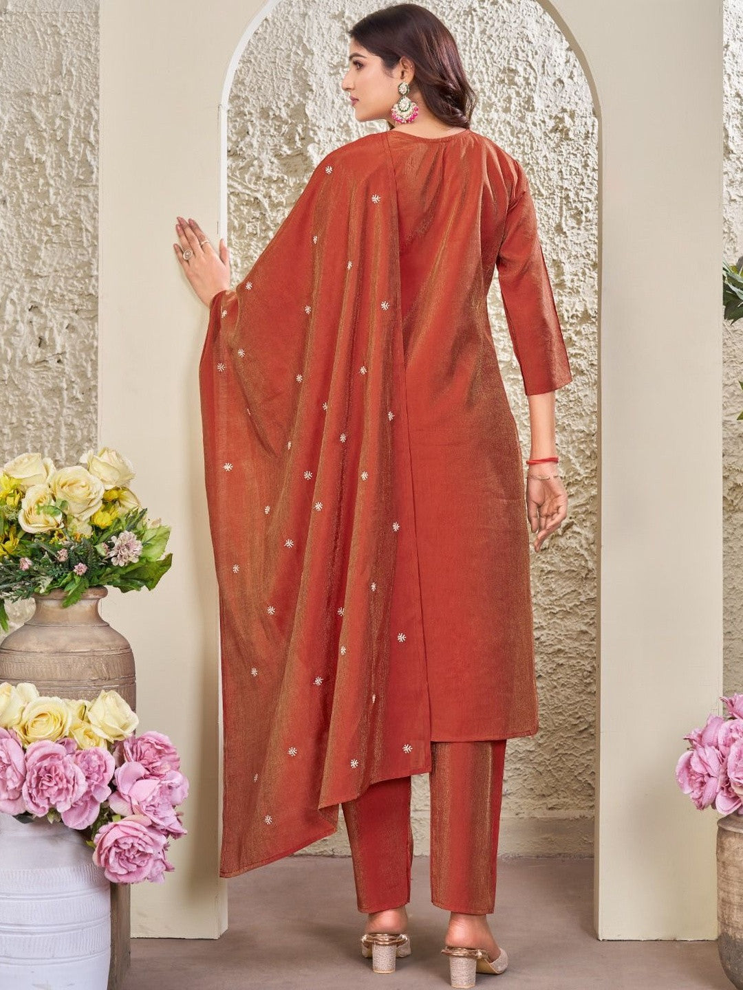 Embroidered V-Neck Kurti & Trousers With Dupatta